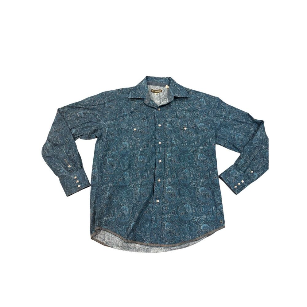 Stetson Western Shirt Mens Medium Blue Paisley Pearl Snap Long Sleeve Cowboy